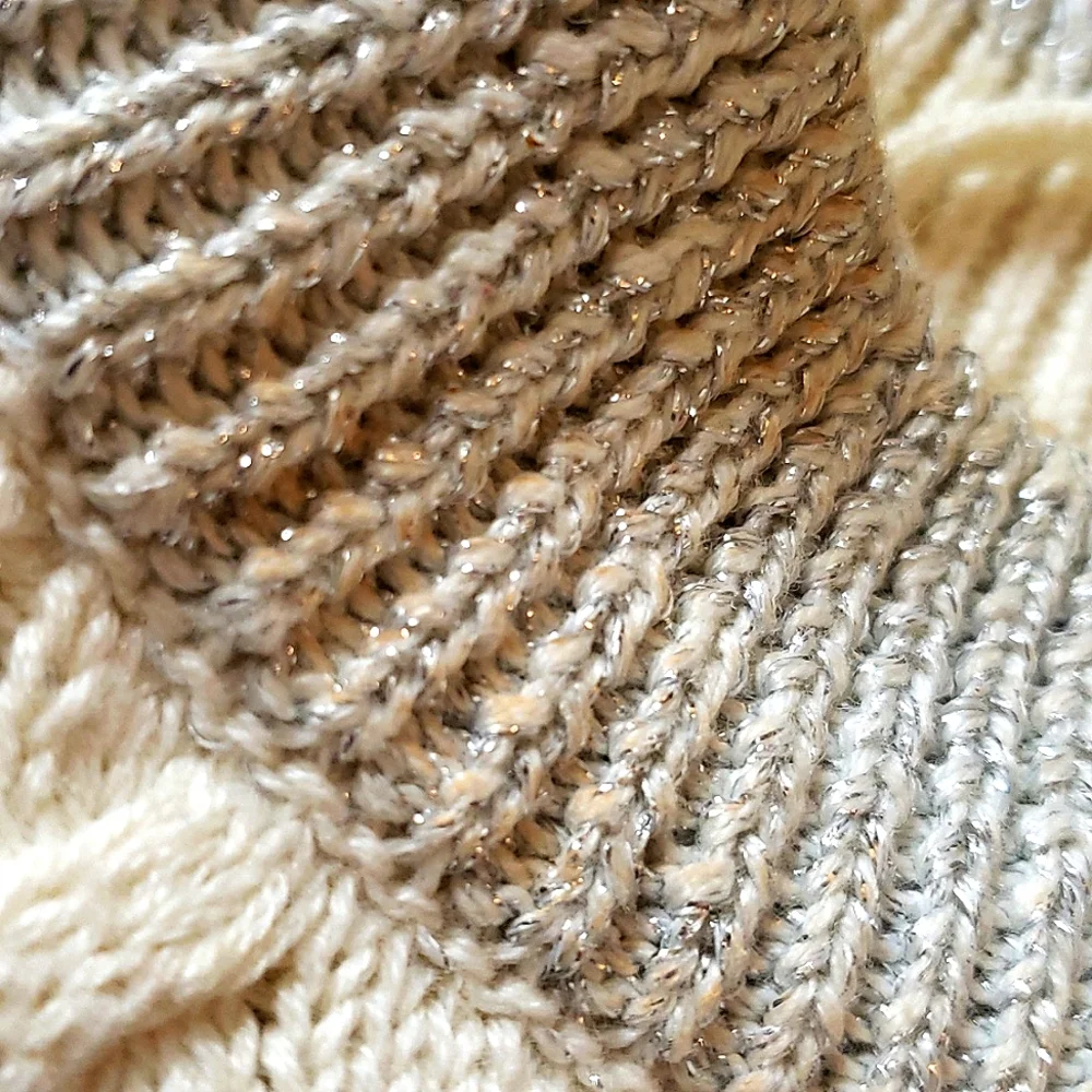 BLUE RED CREAM STRIPED COLOR BLOCKED SWEATER SILVER SPARKLE ACCENT CABLE KNIT
